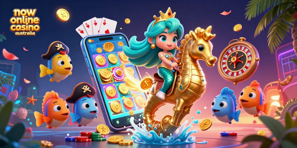 Engage with the new online casino Australia in a vibrant underwater scene featuring a mermaid and seahorse.
