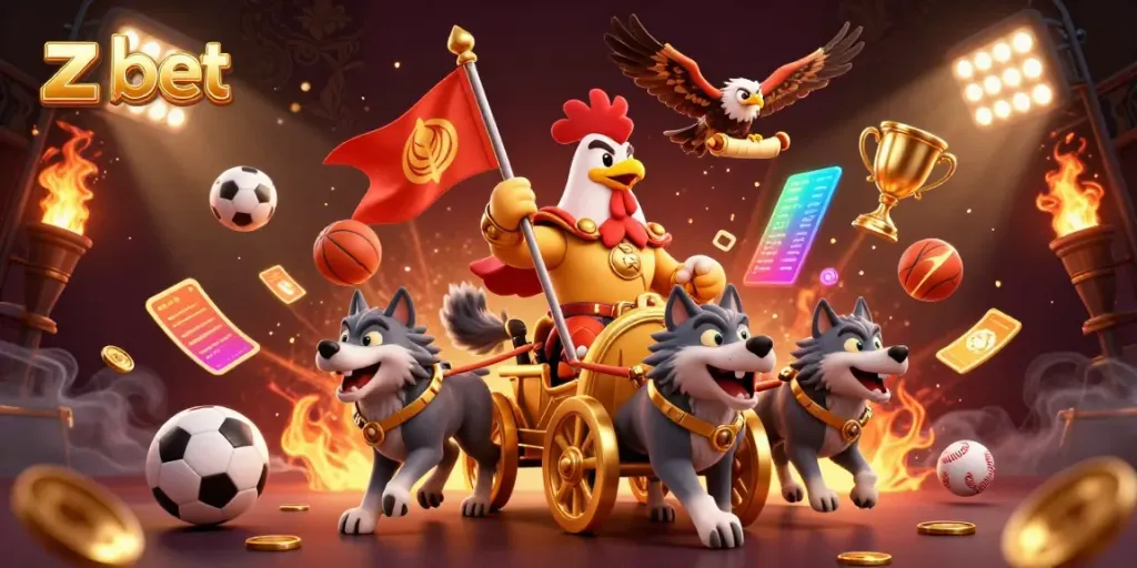 Z bet sports betting scene with a cartoon rooster warlord and wolves in a dynamic 3D environment.