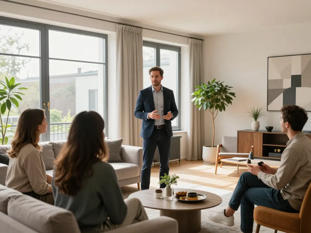 Immobilienmakler Frankfurt Dornbusch präsentiert eine stilvolle Wohnung potenziellen Kunden in einer hellen und einladenden Umgebung.