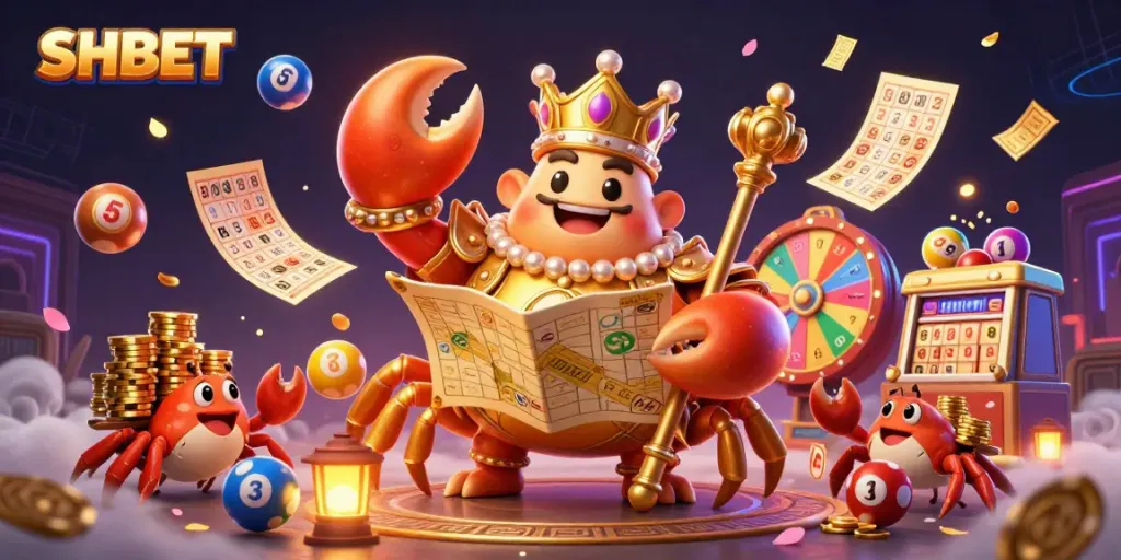 Engage with SHBET's casino experience showcasing a golden crab emperor amid lottery elements and vibrant gaming symbols.