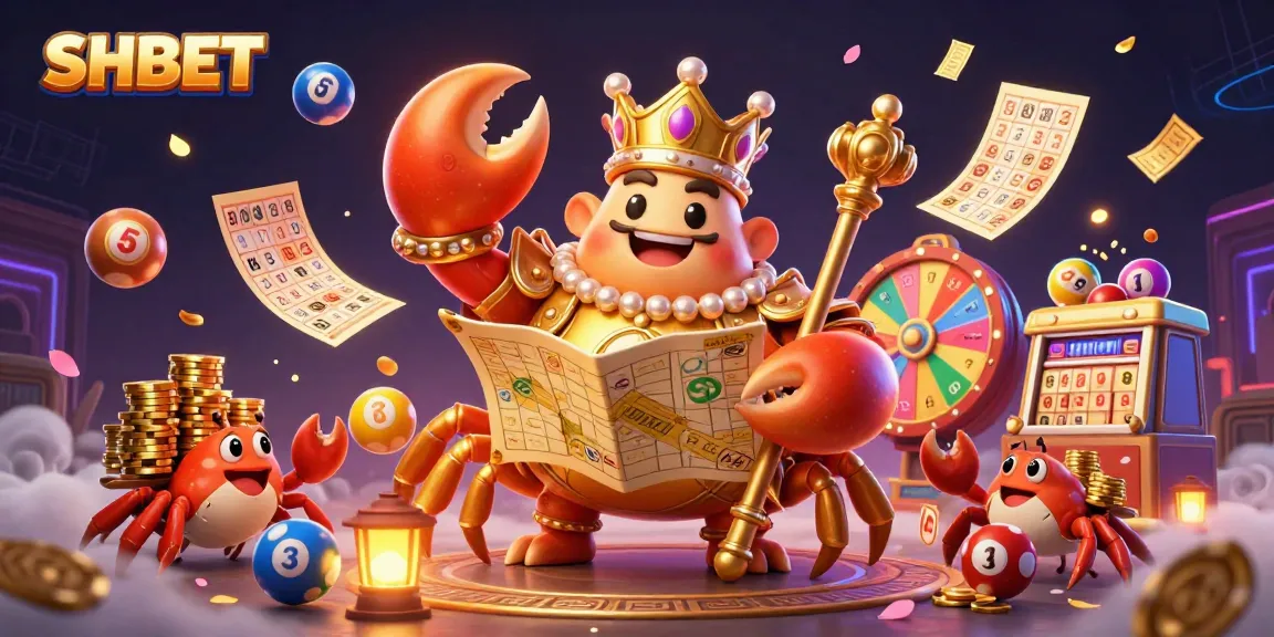 Engage with SHBET's casino experience showcasing a golden crab emperor amid lottery elements and vibrant gaming symbols.