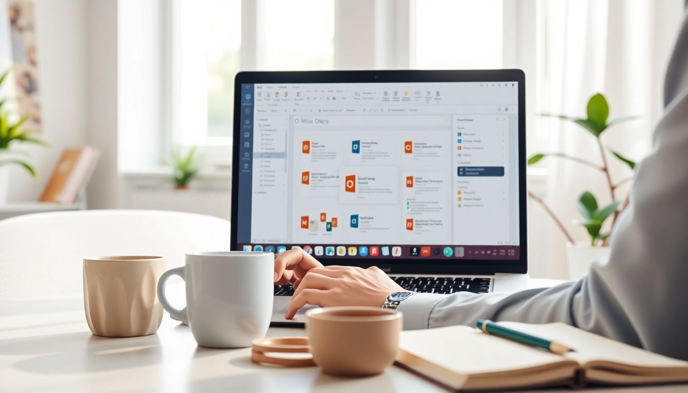 Microsoft Office 2024 Mac Einzelplatzlizenz auf einem Laptop in einem modernen Homeoffice verwenden.