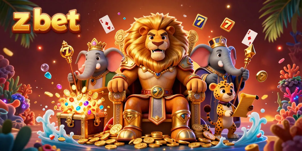Experience thrilling gaming action with z bet as the lion king presides over a royal treasure throne in a vibrant casino scene.