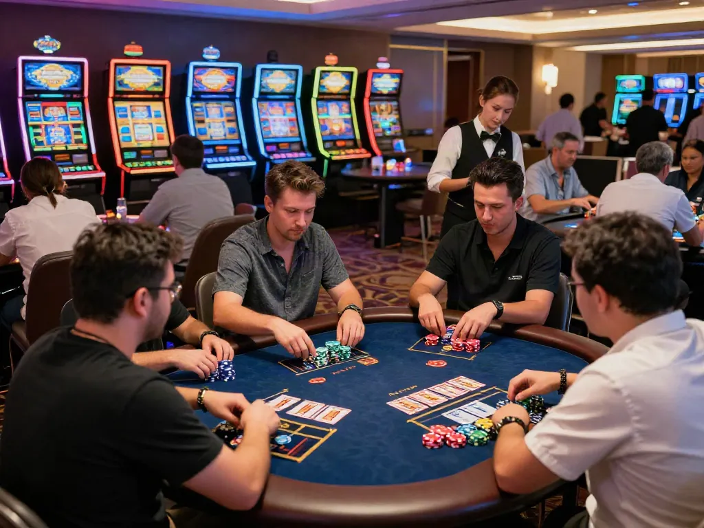 Dynamic game bài rikvip experience in a vibrant casino setting with players and colorful gaming tables.