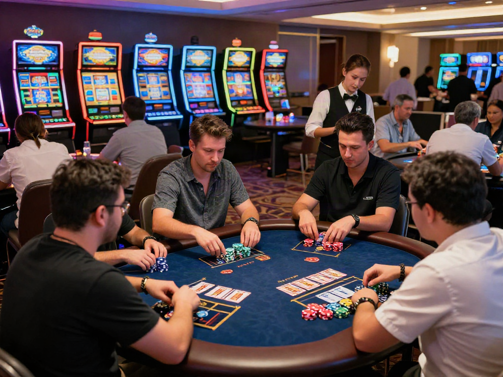 Dynamic game bài rikvip experience in a vibrant casino setting with players and colorful gaming tables.