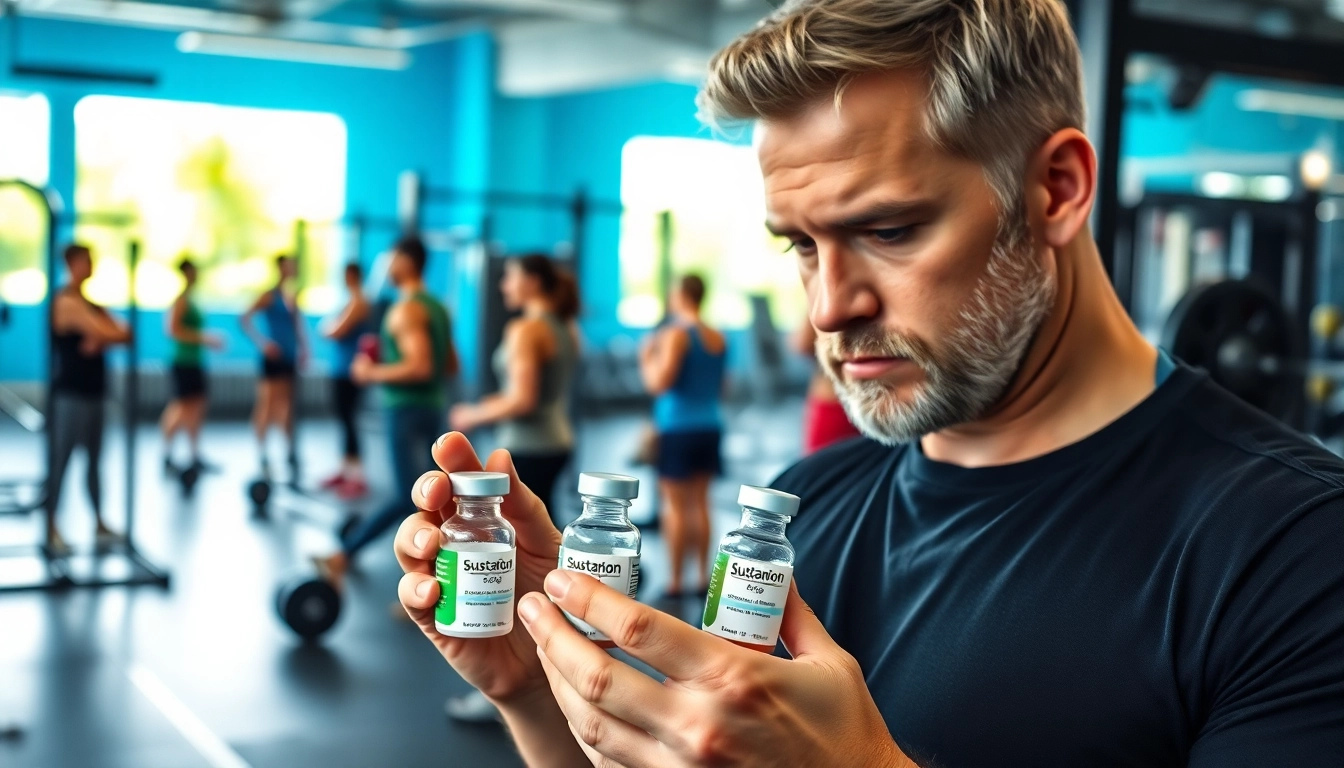 Sustanon kaufen: Professioneller Fitnesscoach analysiert Sustanon-Vials im modernen Fitnessstudio.