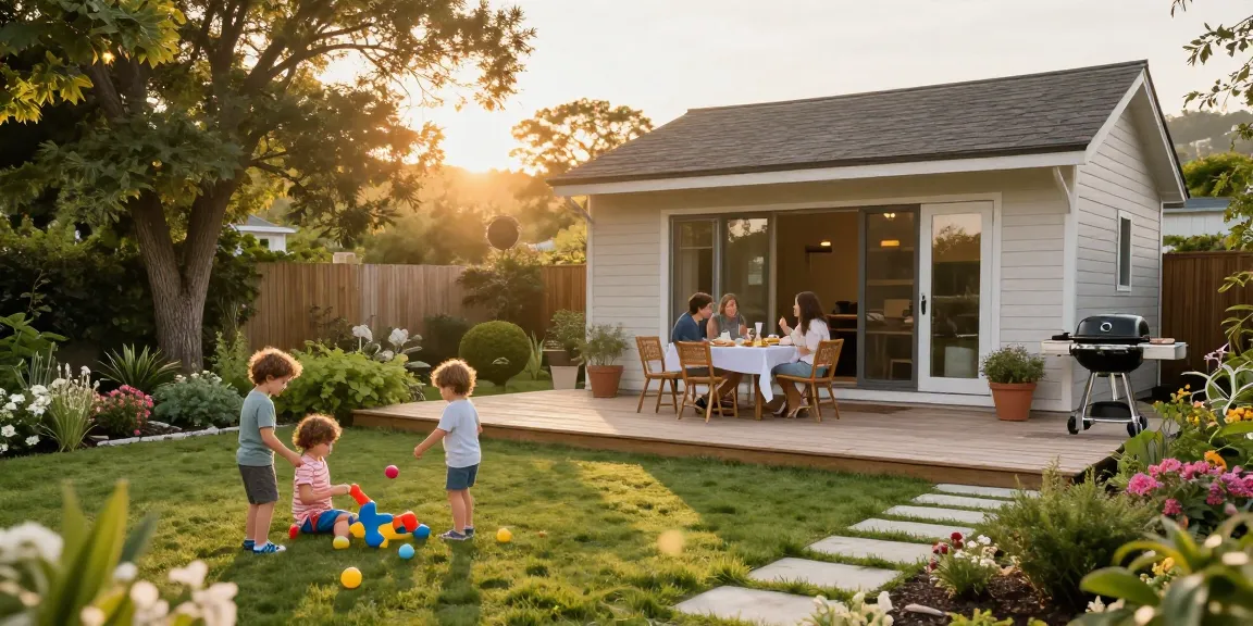 Familie genießt ihr Gartenhaus während des Sonnenuntergangs, umgeben von blühenden Pflanzen und einem einladenden Ambiente, Gartenhäuser im Fokus.