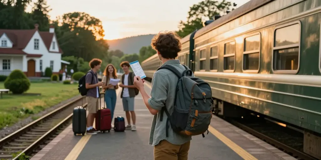 Nachtzug Tickets: Reisender am historischen Bahnhof mit einem Ticket in der Hand.