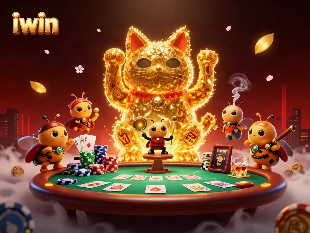 iwin's lucky cat illustrated with golden fireflies, chips, and poker elements