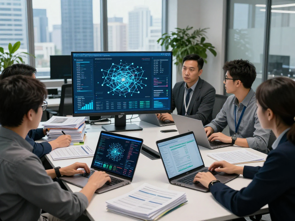 Daten- und IT-Sicherheitsdienstleistung in einem modernen Büro mit Experten, die an Sicherheitslösungen arbeiten.
