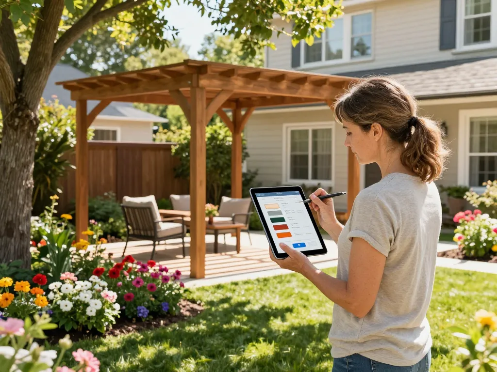 Hausbesitzer, der einen Pergola-Konfigurator auf einem Tablet in einem gestalteten Garten anpasst, zeigt das Design im Freien.