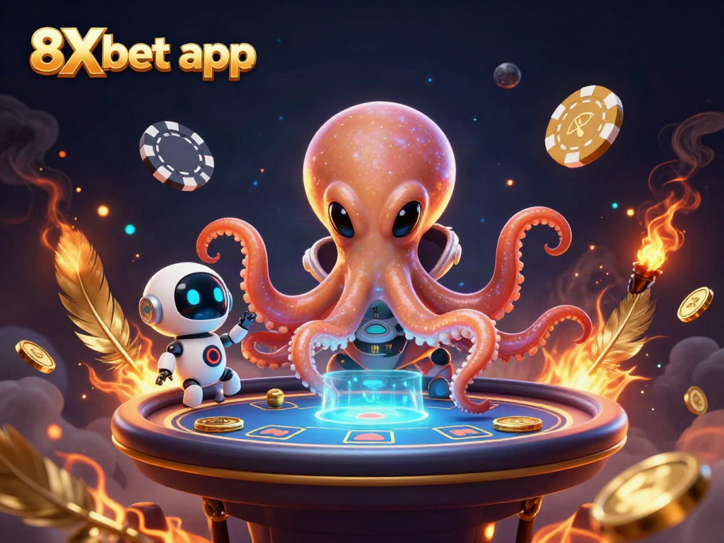 Engage with the vibrant universe of 8Xbet app featuring an alien octopus and holographic poker table.