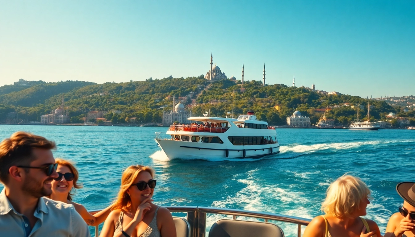 Bosphorus daytime cruise zeigt Passagiere auf einem Boot, umgeben von historischen Sehenswürdigkeiten.