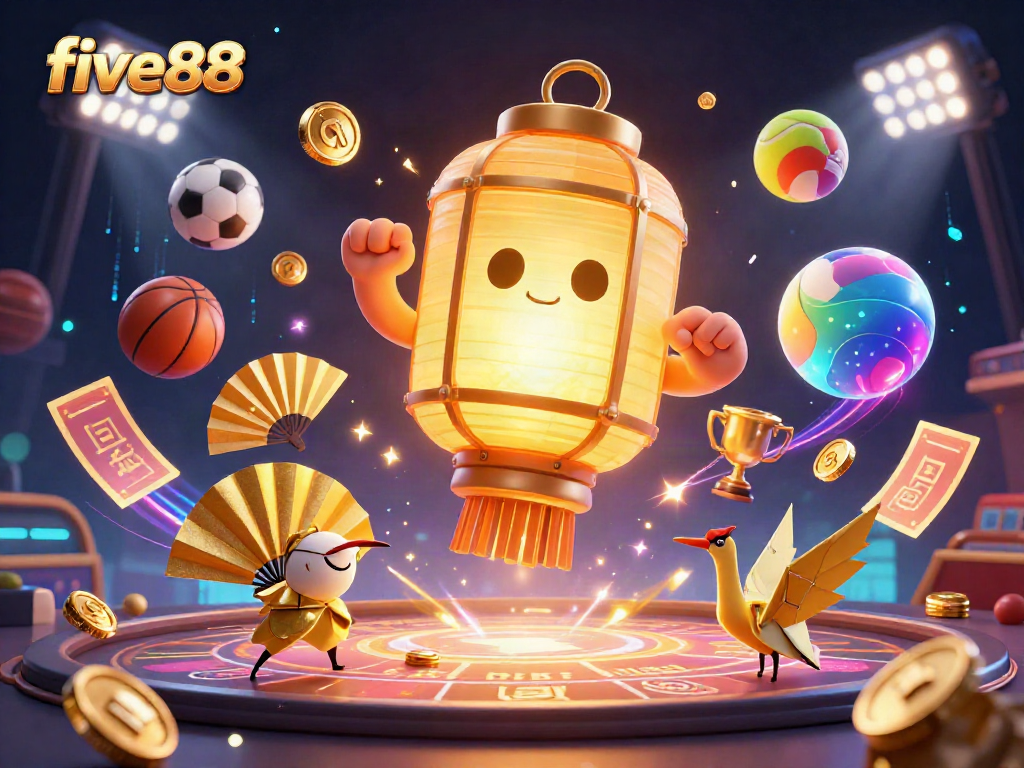 Experience the excitement of five88 casino with animated characters and vibrant sports elements in this 3D illustration.