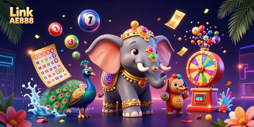 Experience the excitement of Link AE888 with dynamic lottery balls, a festive elephant, and a vibrant gaming atmosphere.