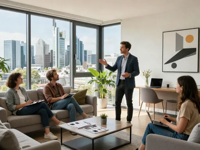 Bester Immobilienmakler Frankfurt präsentiert eine moderne Wohnung an potenzielle Käufer in Frankfurt mit Stadtblick und stilvollem Design.