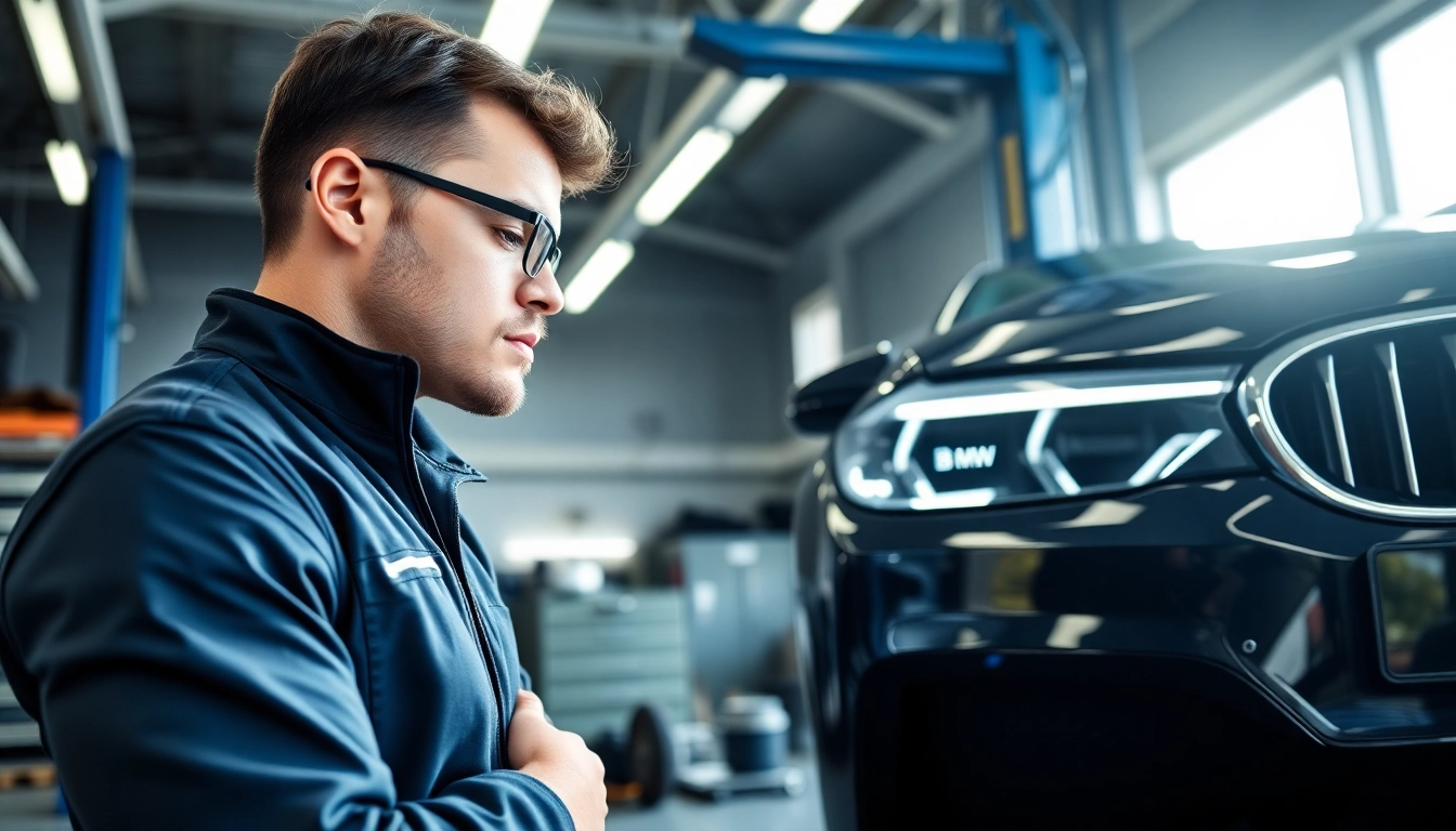 BMW Spezialist arbeitet an einem Fahrzeug in einer modernen Werkstatt