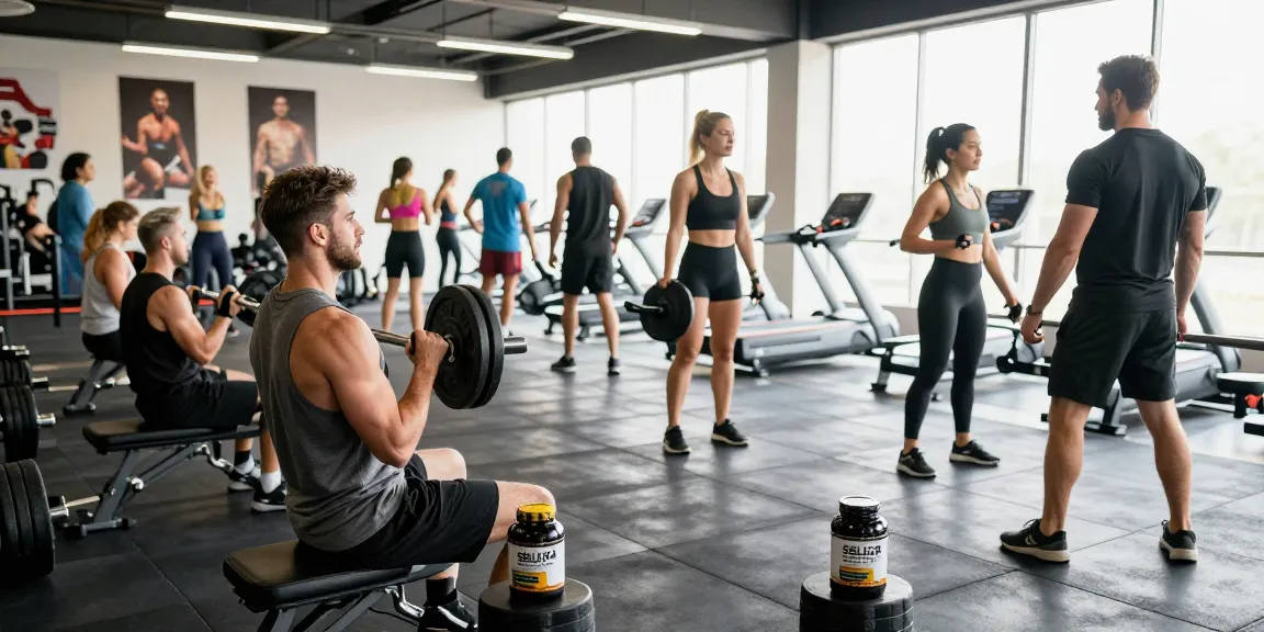 Aktive Bodybuilder im Selliza Shop nutzen hochwertige Supplements im Fitnessstudio.