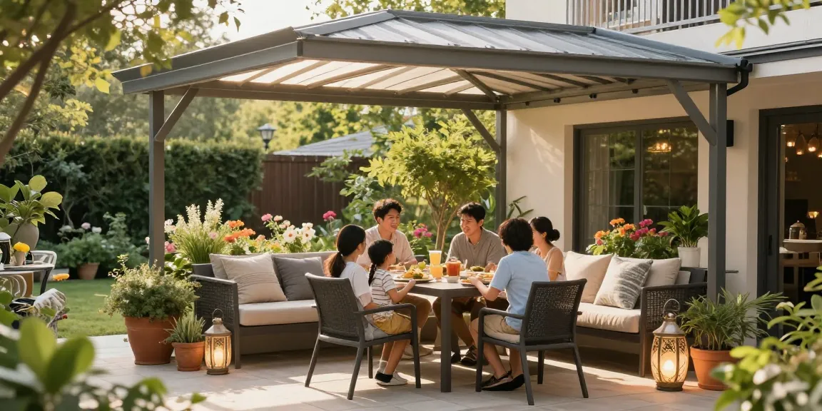 Terrassenüberdachungen mit Familie beim Essen im Garten