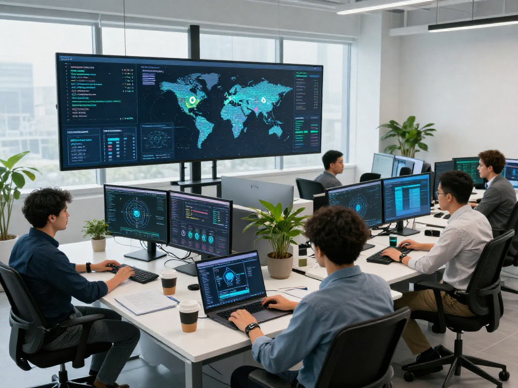 Daten- und IT-Sicherheit Dienstleistung in a modern cybersecurity operations center with IT analysts monitoring threats.