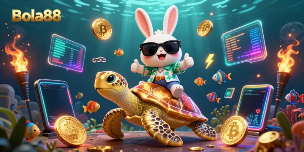 Bola88 showcases an engaging scene of a lucky rabbit and a golden sea turtle amidst vibrant underwater crypto symbols.