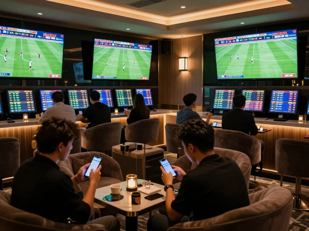 Engaging sports bettors analyzing kèo bóng đá ngày mai in a luxurious lounge setting