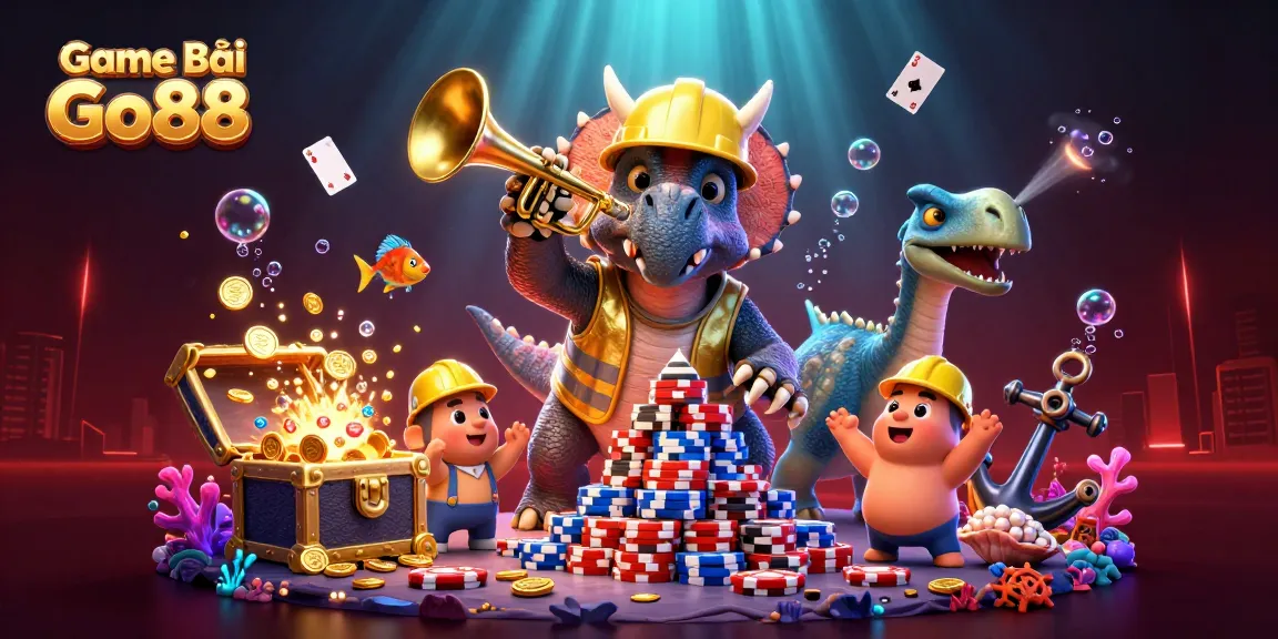 Engage in the excitement of Game Bài Go88 as a triceratops expertly builds a poker chip pyramid in a lively casino scene.