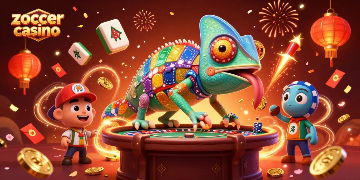 Experience zoccer casino with a vibrant chameleon character surrounded by festive gaming elements.