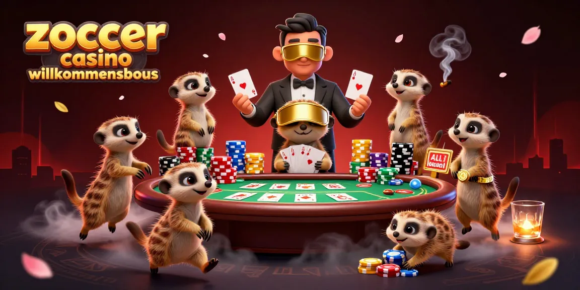 Erlebe den zoccer casino Willkommensbonus in einer lebhaften 3D-Illustration mit Meerkatzen im Casino.