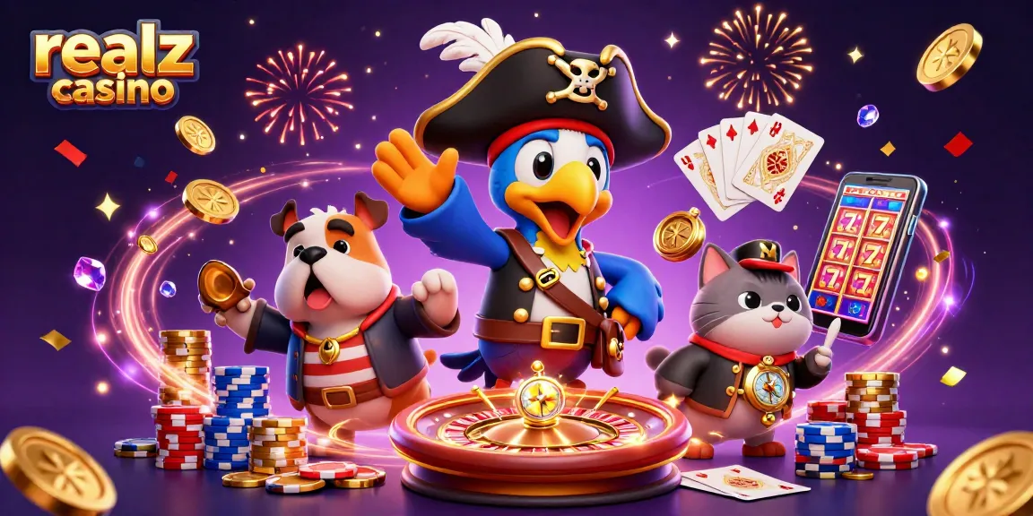 Spin to win at realz casino with a pirate captain and vibrant gaming elements.