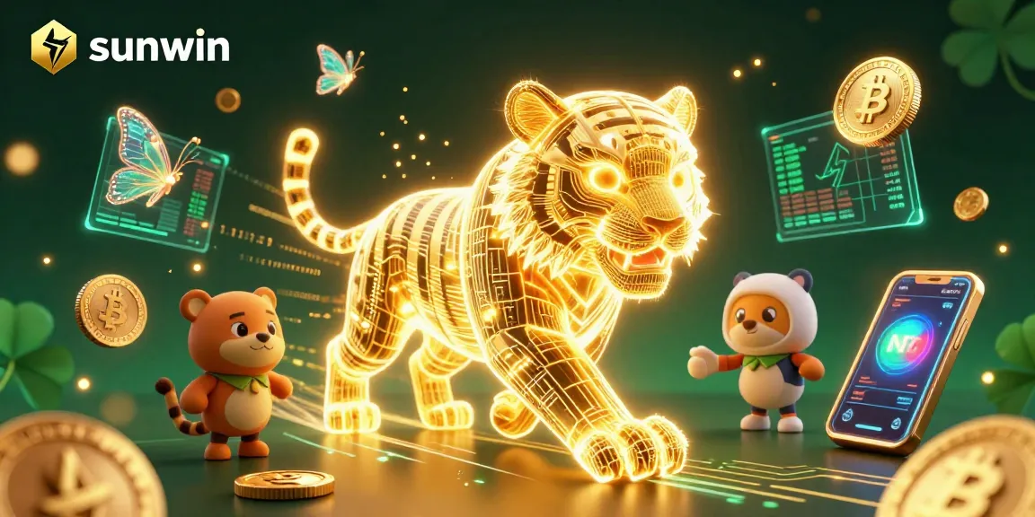 Play at sunwin with a neon-wireframe golden tiger amidst Bitcoin coins and holographic elements.