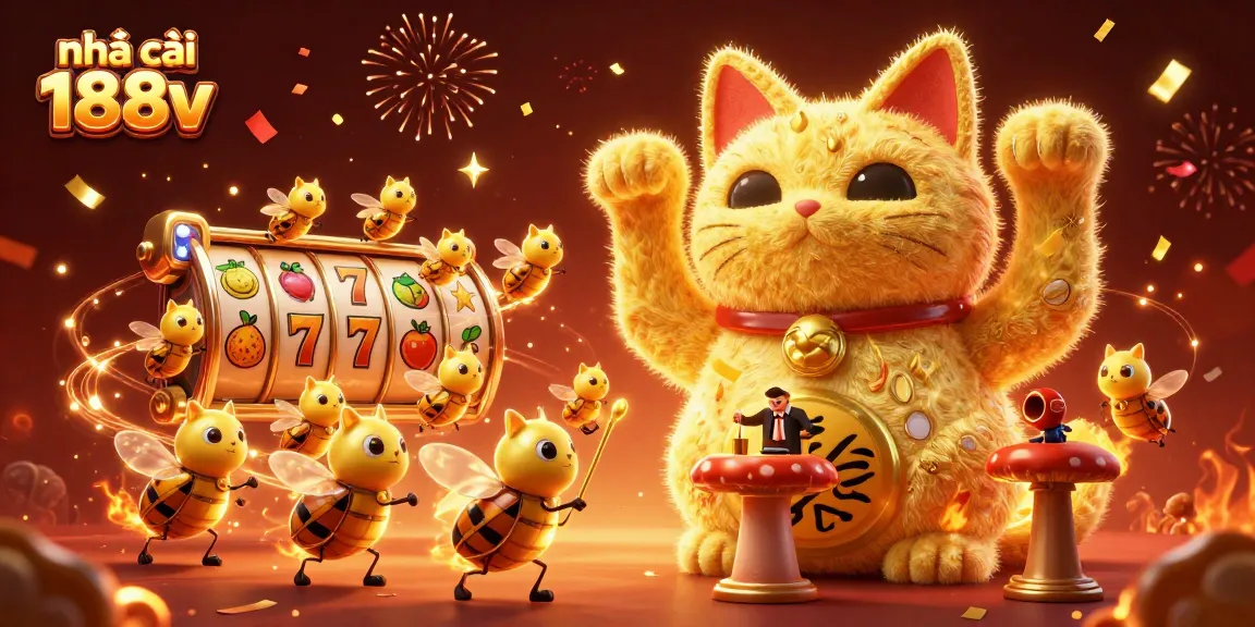 Engage with nhà cái 188v in this vibrant 3D illustration showcasing a lucky cat and slot elements.