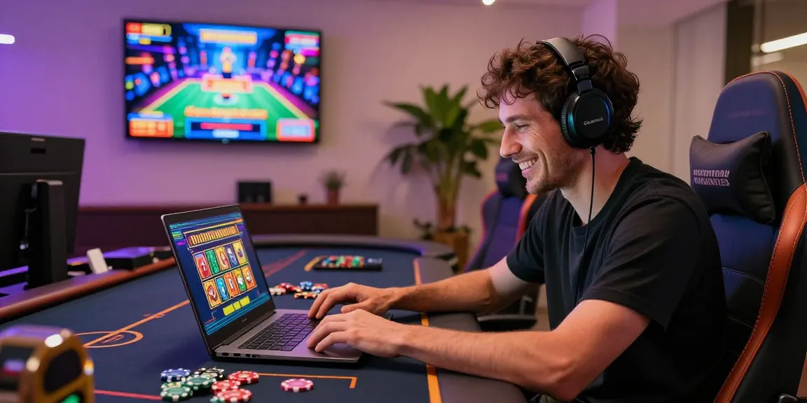Excited player enjoying สล็อตเว็บตรง gaming on a laptop with colorful graphics and tokens.